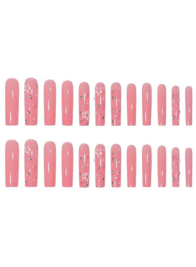 Foccna Pink Press on Nails Long 3D Flower Fake Nails Square Bling Glossy Rhinestone False Nail Tips Artificial Nails Finger Manicure for Women and Girls,24pcs - Image 2